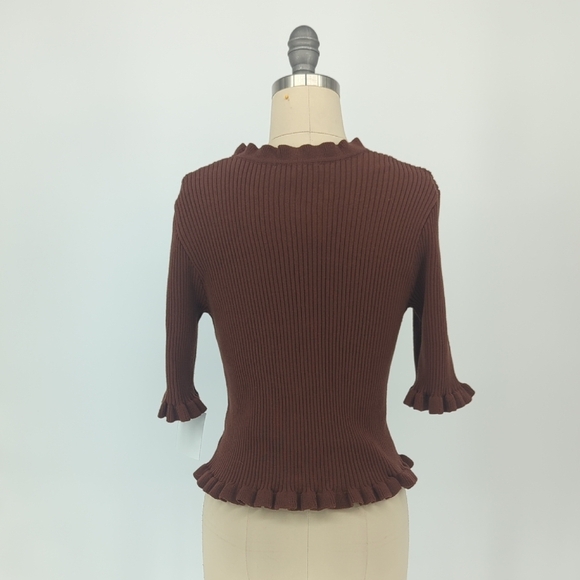 00032 Story On Ruffle Knit Sweater Top Brown M preppy minimalist hipster boho - Picture 2 of 7